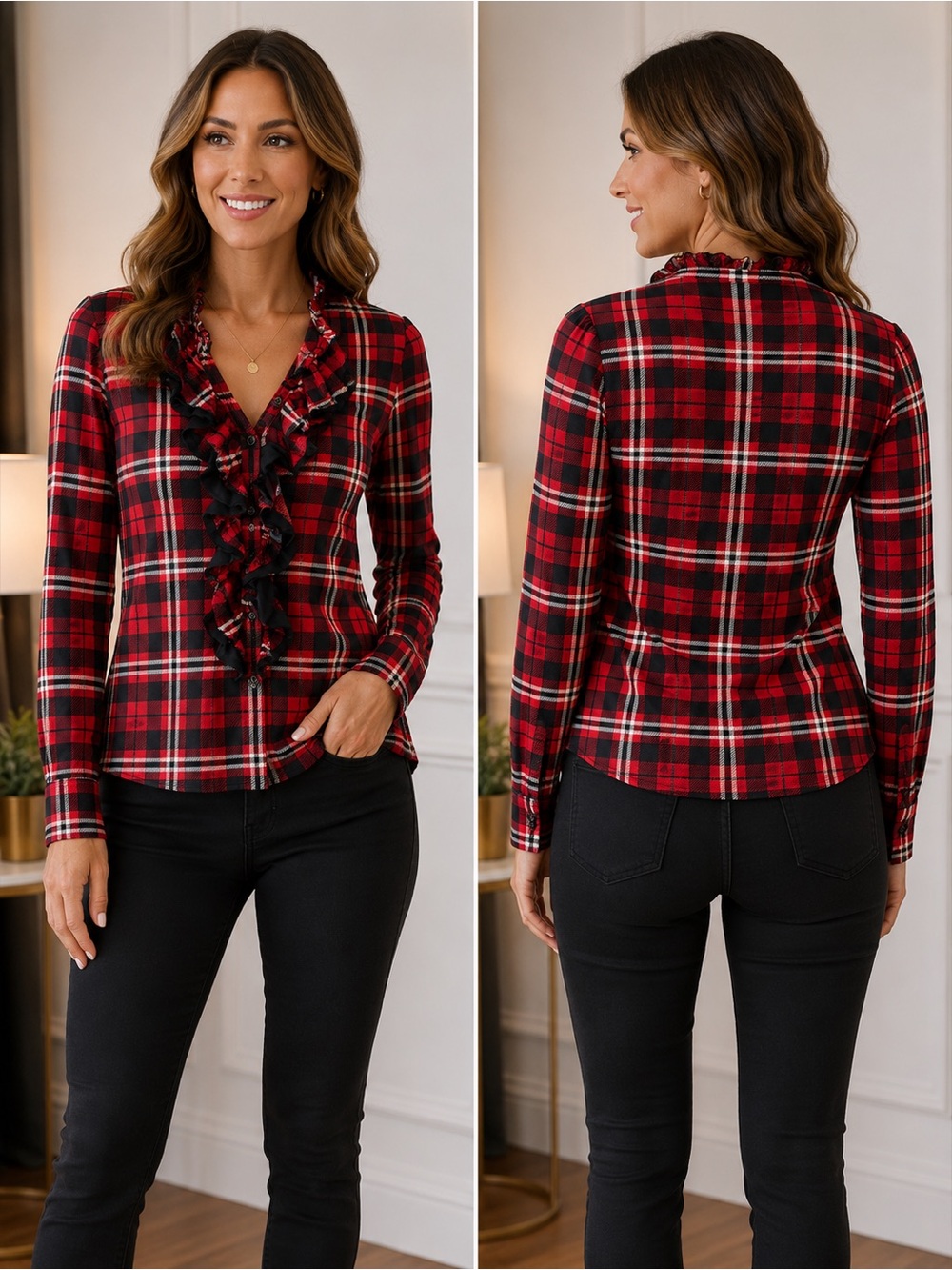 Lauren Jeans Co. Ralph Lauren Red Plaid Ruffle Top Size Small 100% Cotton